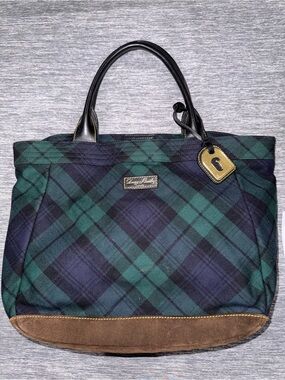 Dooney & Bourke Tartan Green and Navy Plaid Tote Bag Suede Bottom